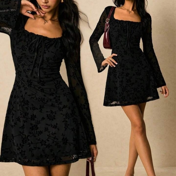 Elegant Black Floral Dress With Ruffle And Bow Neckline And Flared Sleeves - Picture 3 of 4